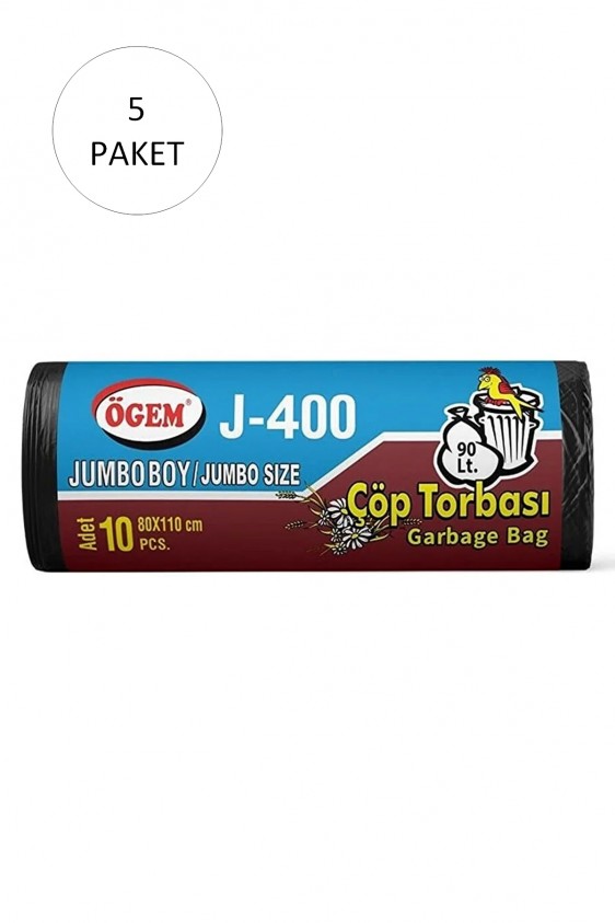 J-400 Jumbo Boy Çöp Torbası 80 x 110 cm 10 Lu Rulo x 5 Paket = 50 Adet (Siyah)