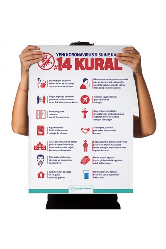 Koronavirüse Karşı 14 Kural Afişi Kendinden Yapışkanlı Folyo 35X50