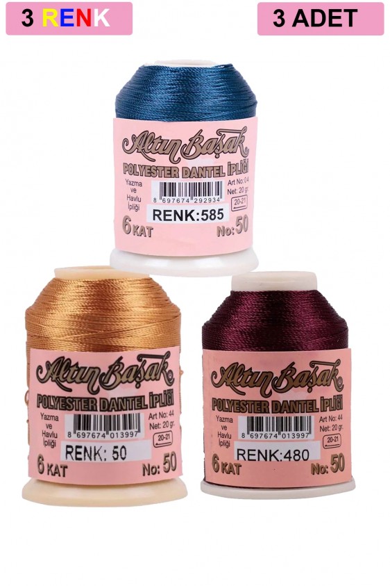 3 Adet Altınbaşak Oya ve Dantel İpi 20 gr - Royaleks - No: 050 - 480 - 585