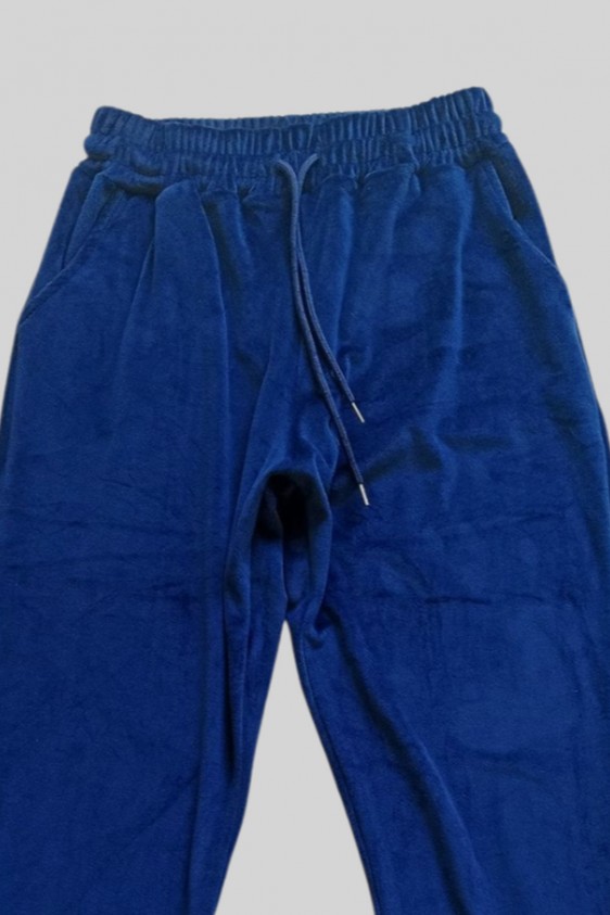 Parlak Kadife Cepli Pantolon Eşofman Pijama Altı Büyük Beden Unisex Lastikli Paça Lacivert